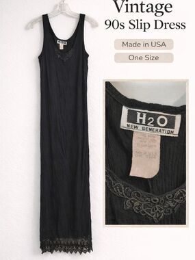 H2O New Generation Black Midi Dress Lace Trim Vintage USA Made One Size